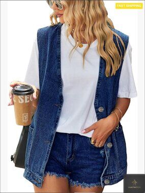 Oversized Sleeveless Denim Vest Y2K Vintage Utility Western Jean Vest for Women